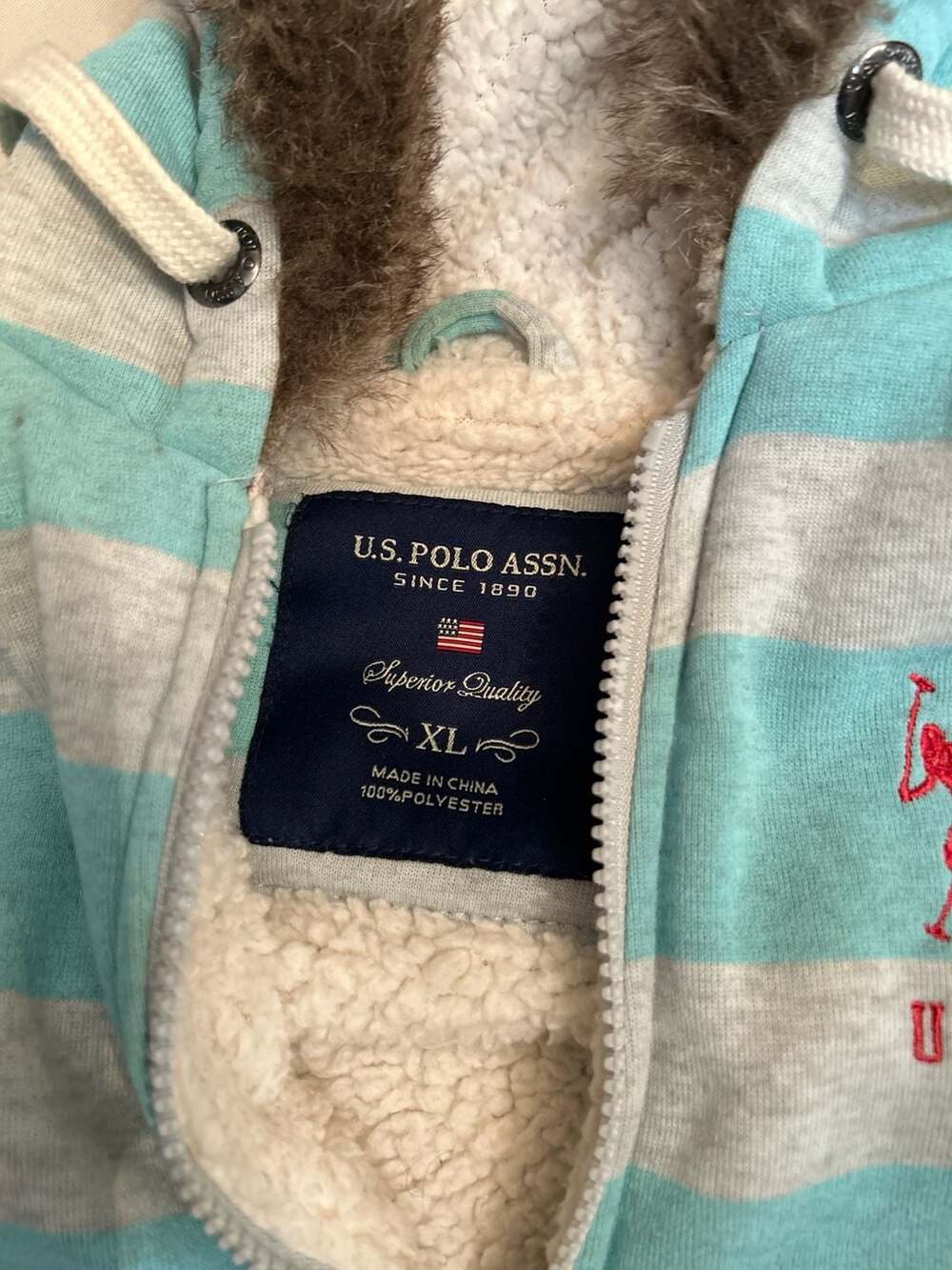 U.S. Polo Assn. Striped Sherpa Lined Zip Up Hoodie with Faux Fur Trim - Picture 3 of 3